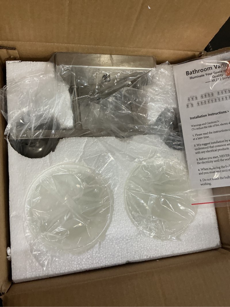 Condition photo showing New/Like New for brushed nickel bathroom light, anti-rust finish 2 light bathroom vanity light brushed nickel, milky white frosted glass shades, e26 socket nickel & milky white glass 2-light
