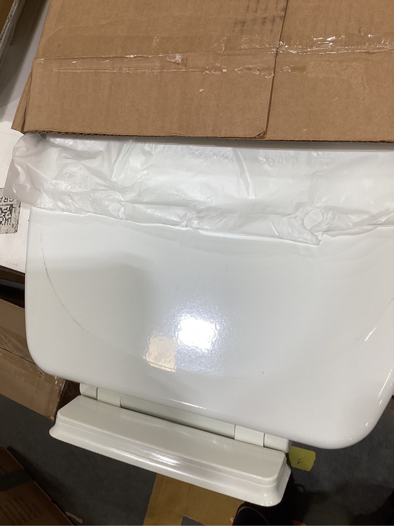 Condition photo showing As Is for mayfair ashton easy to clean single hinge toilet seat, modern slow close wood toilet seat, made in usa, elongated, white elongated modern hinge