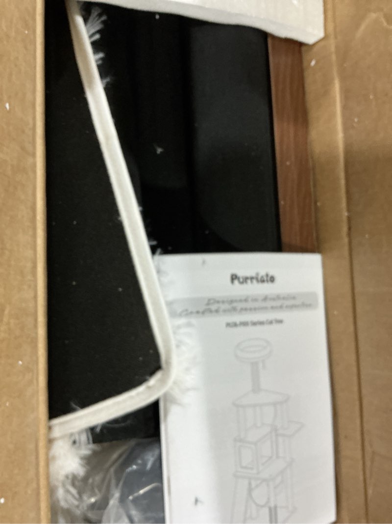 Condition photo showing As Is for 61" modern cat tree tower for indoor cats, luxury climbing tower with plush lounge, kitty condos, hammock & scratching posts, classic cat furniture (walnut)