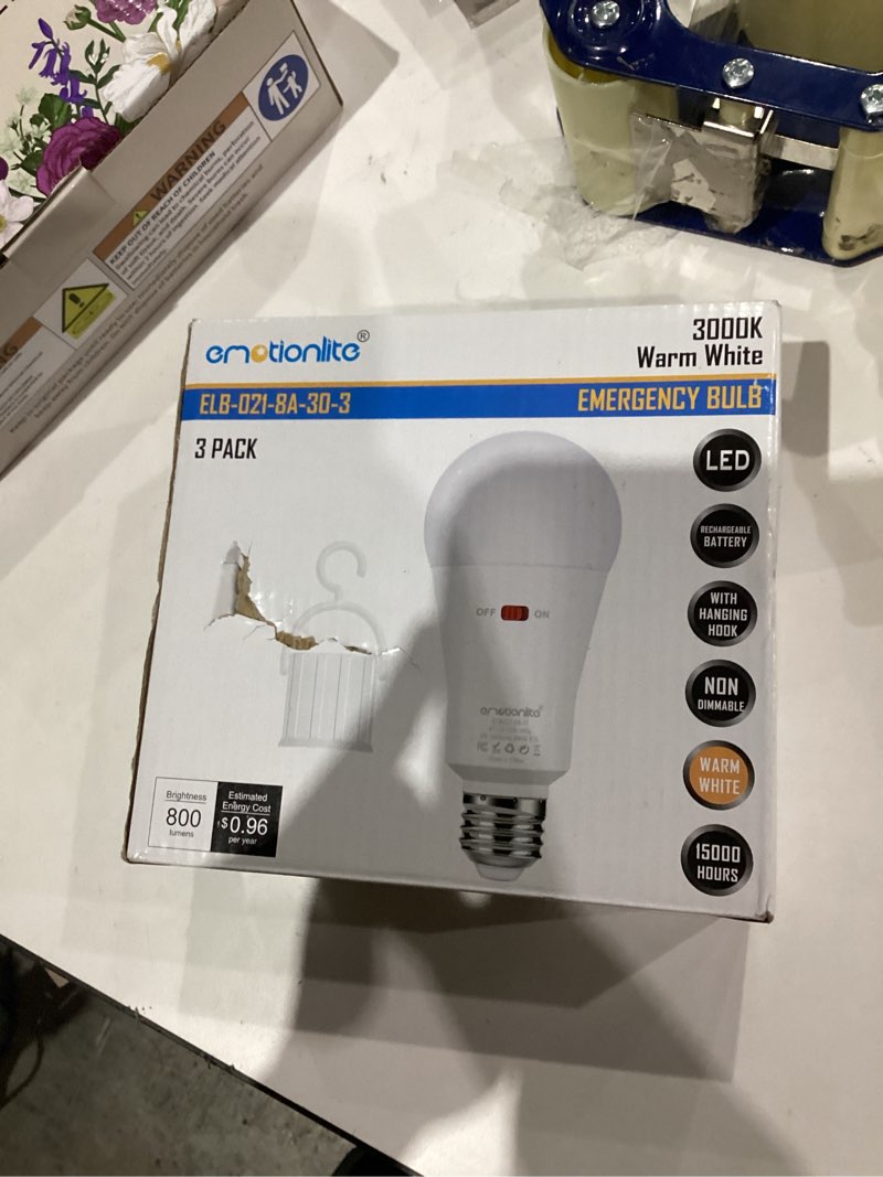 Condition photo showing New/Like New for Emotionlite Rechargeable Emergency Light Bulb, 1800mAh Battery Backup for Home Power Failure, Outage Emergency Reading Lighting Camping Hurricane, 3 Brightness Dimmable, Warm White, E26 Base, 3 Pack 3000K 3 Packs