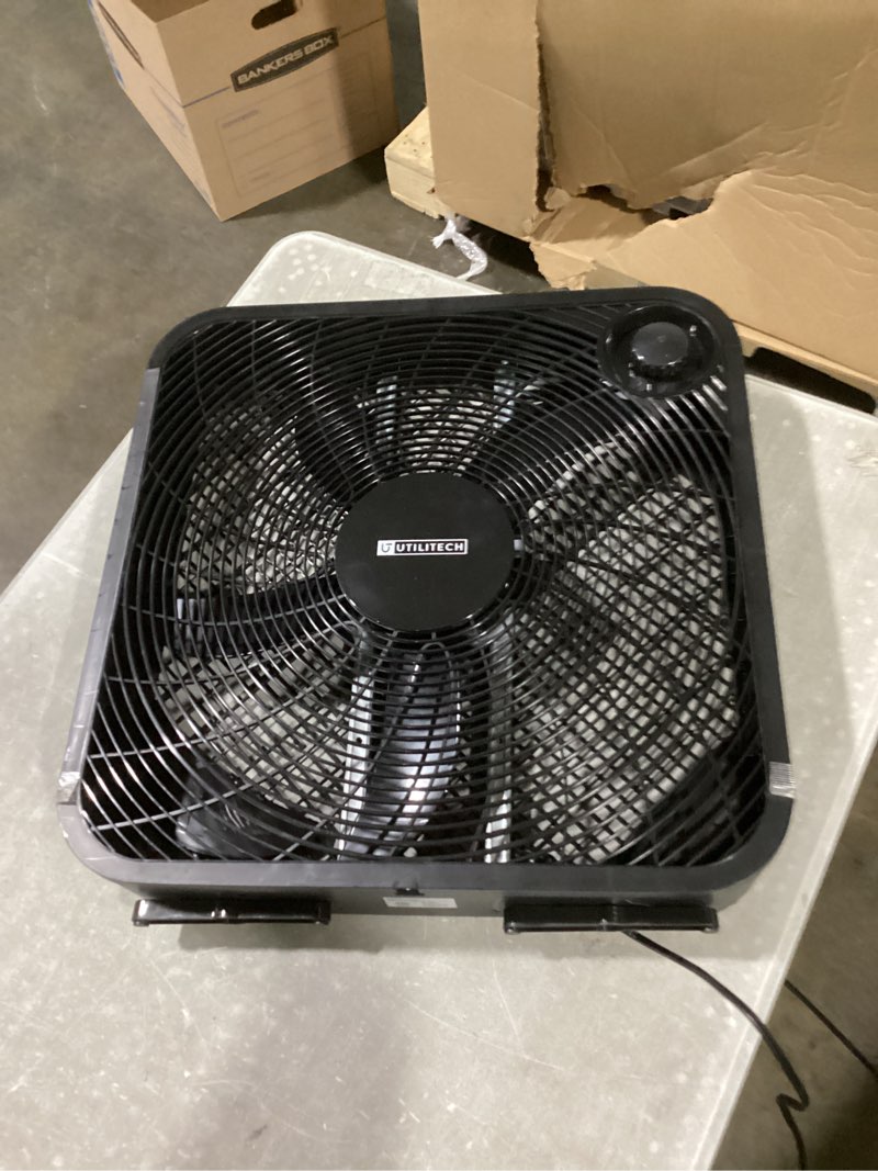 Condition photo showing As Is for utilitech 20-in high velocity indoor box fan, in black