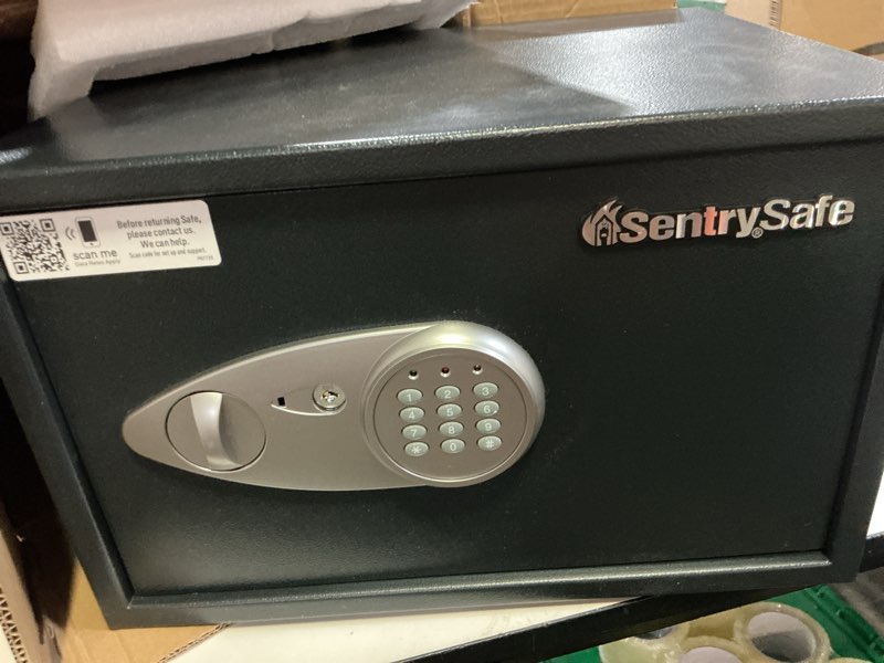Condition photo showing As Is for sentrysafe black home safe with shelf and digital keypad, large safe for laptop, documents, money, exterior: 10.6 x 16.9 x 14.6 inches, x125