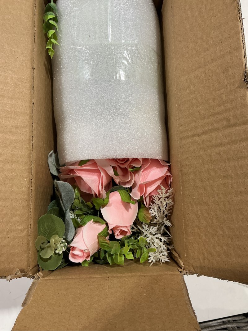 Condition photo showing Good Condition for faux flowers with vase,artificial silk roses in vase, fake plant eucalyptus flower arrangement for home office farmhouse bathroom dining table centerpiece decorations coffee table decor (dusty pink)