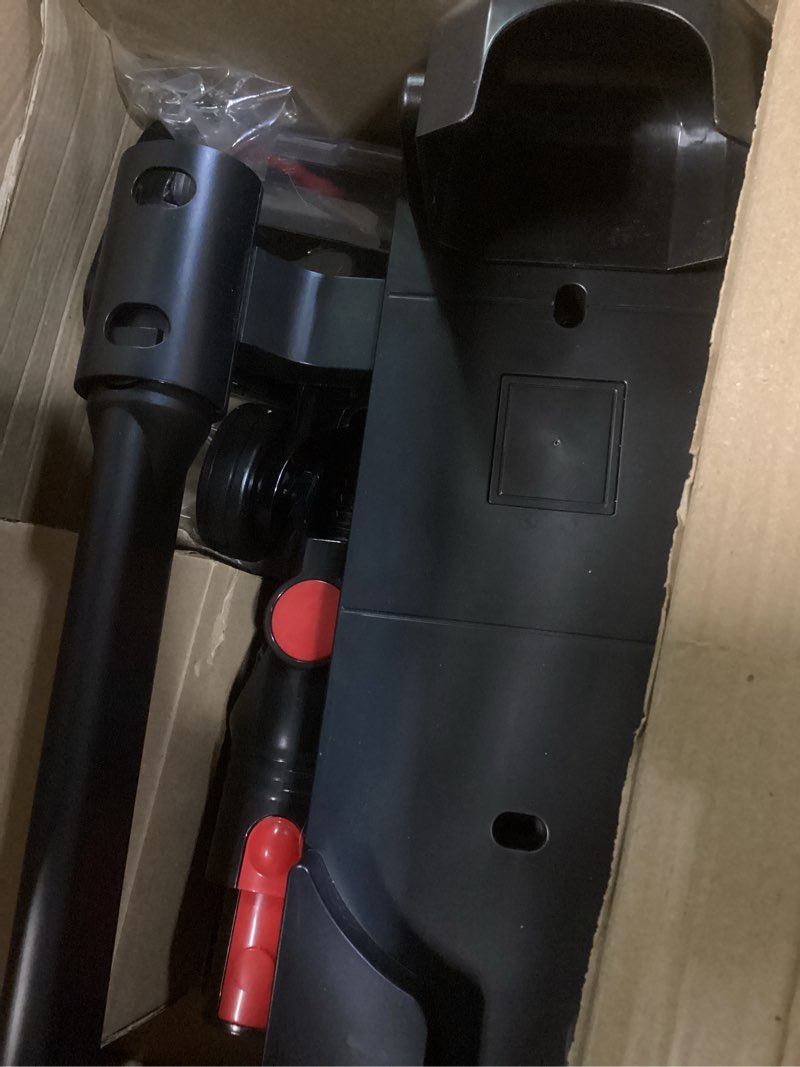 Condition photo showing As Is for newbulig cordless vacuum cleaner, lightweight stick vacuum for home with anti-tangle and led lights, powerful rechargeable wireless cleaners for hardwood floors carpet pet hair modern black red 11"*10"