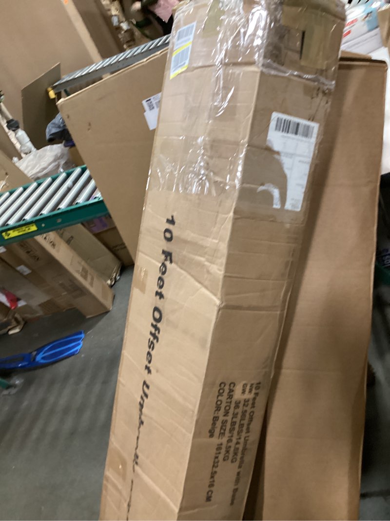 Condition photo showing New/Like New for wikiwiki 10ft Patio Umbrella with Base Included, Outdoor Offset Cantilever Umbrella, Infinite Tilt, Crank and Cross Base, Beige