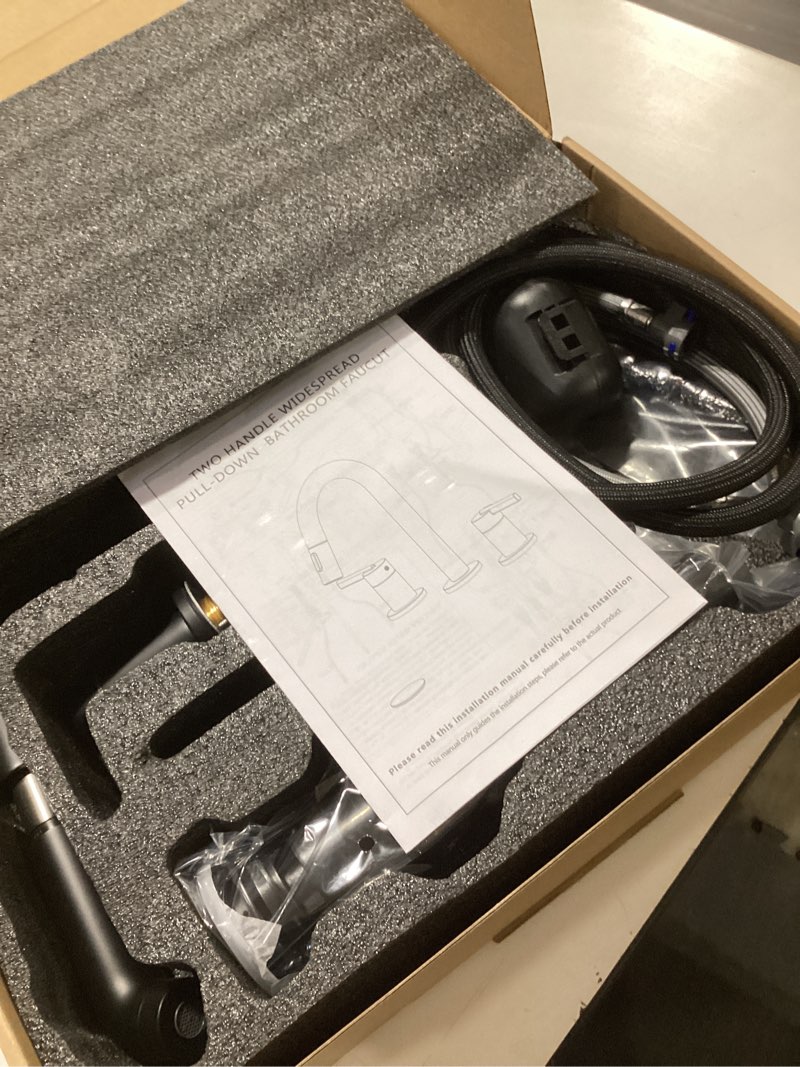 Condition photo showing Good Condition for KENES Matte Black Pull Out Bathroom Faucet, 8 Inch 2 Handle Widespread Bathroom Faucet 3 Hole with Pull Down Sprayer, Bathroom Sink Faucet with Pop Up Drain & Supply Lines LJ-9058A-2