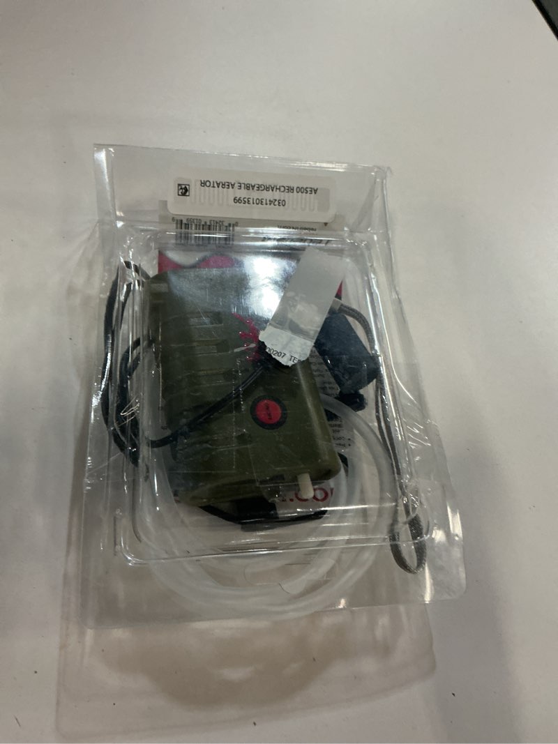 Condition photo showing As Is for rebelfin pocket sized rechargeable 18 hour army green foam bucket aerator with powerful led light to aerate up to 6 gallons of freshwater minnows.