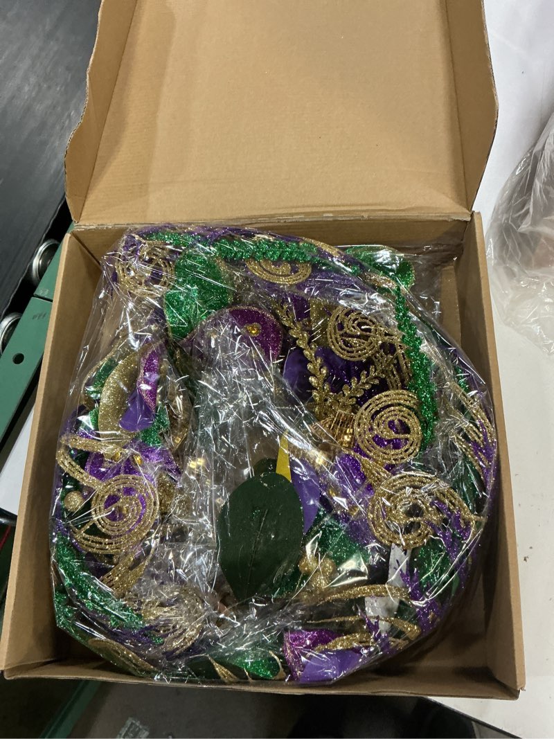 Condition photo showing New/Like New for 70 inch mardi gras garland - purple green gold decor with glittered flowers & vine, front door garland for holiday party, wall, staircase decoration