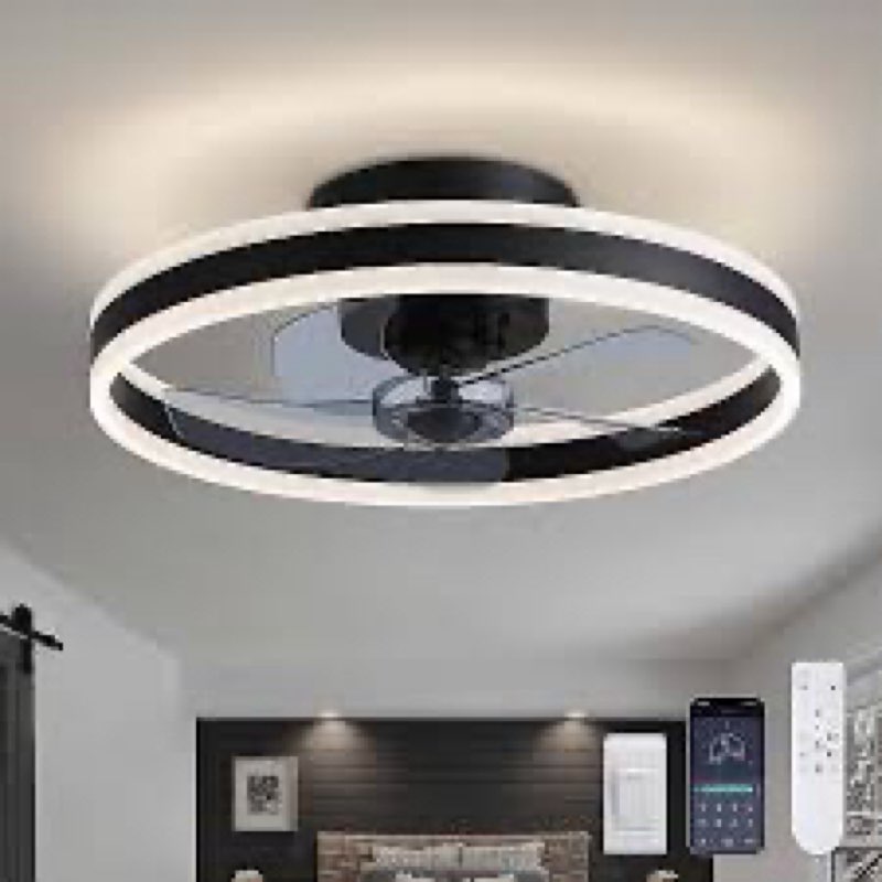 Ceiling Fans with Lights, 20'' Black Low Profile Ceiling Fan with Light, 3000K-6500K Dimmable LED Fa