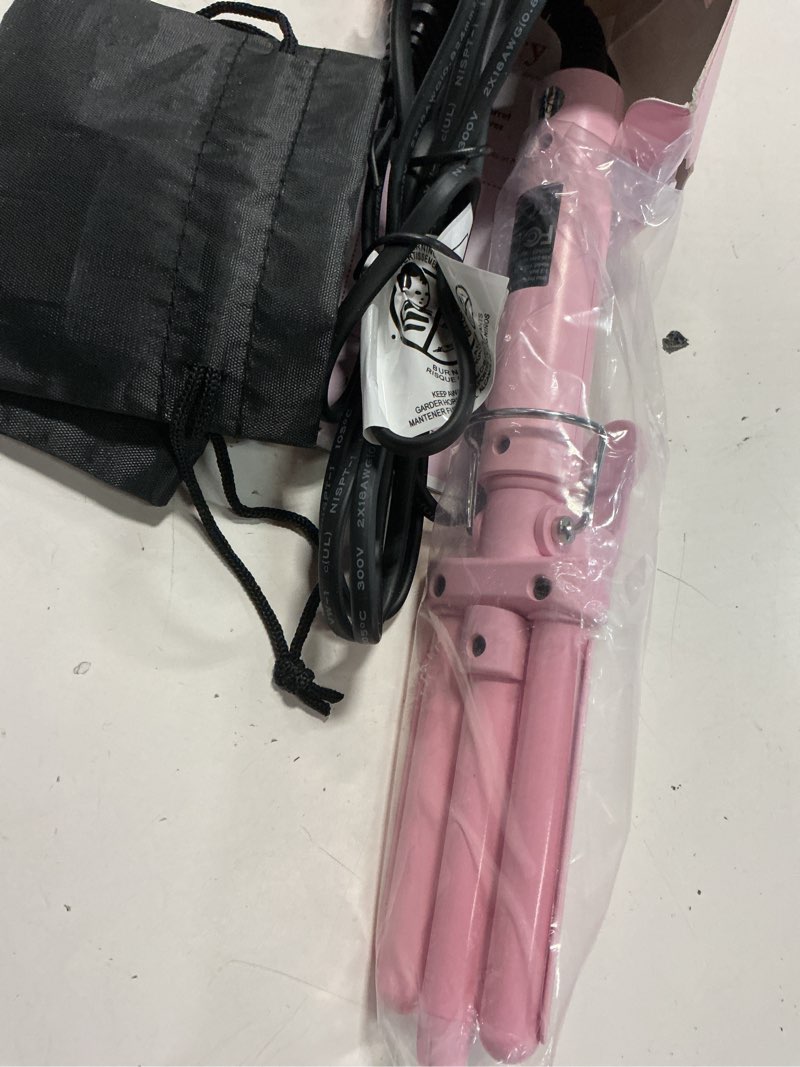 Condition photo showing New/Like New for farery mini hair waver, 1/2 inch 3 barrel curling iron for short & long hair, adjustable heat, deep mermaid waves & volume, dual voltage travel hair crimper, sakura pink