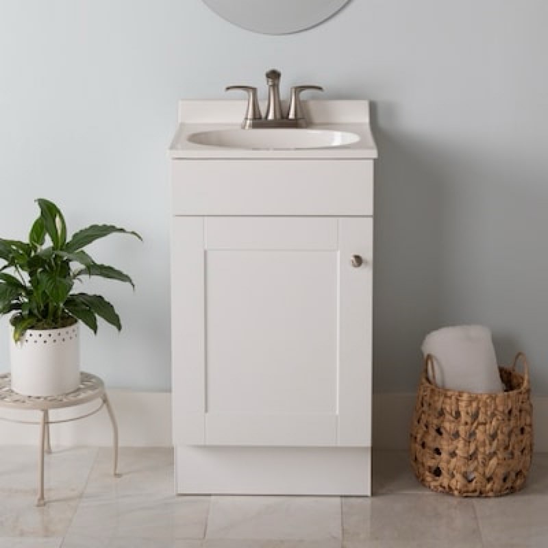  ( is broken)project source dover 18-in true white single sink bathroom vanity with white cultured marble top