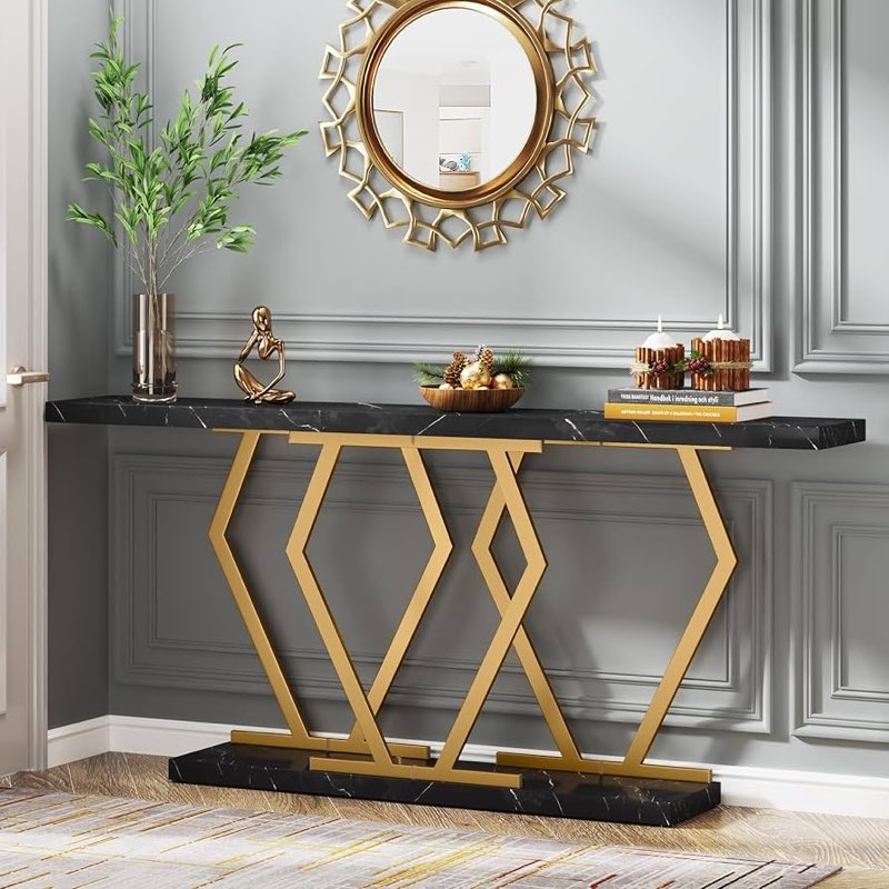 Tribesigns 70.9 Inch Extra Long Sofa Table?Black and Gold Console Table with Faux Marble Tabletop, M