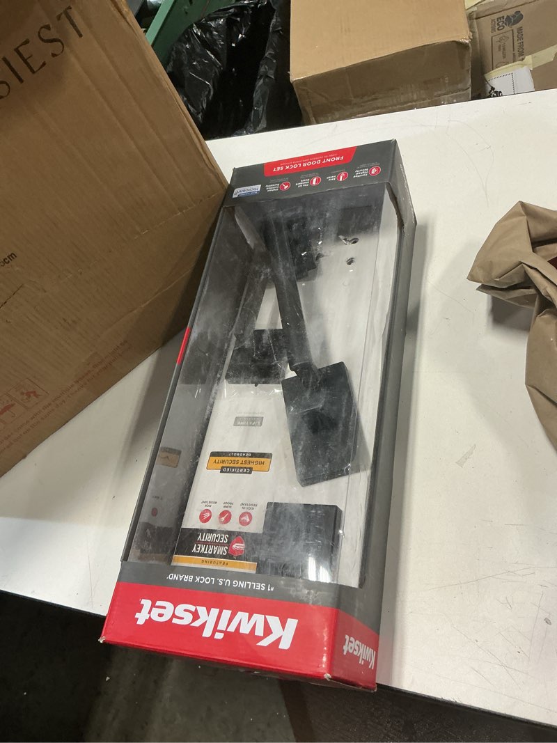 Condition photo showing New/Like New for kwikset san clemente front door lock handle and deadbolt set, entry handleset exterior with interior reversible lever, matte black, pick resistant smartkey rekey deadbolt security matte black with handle keyed entry