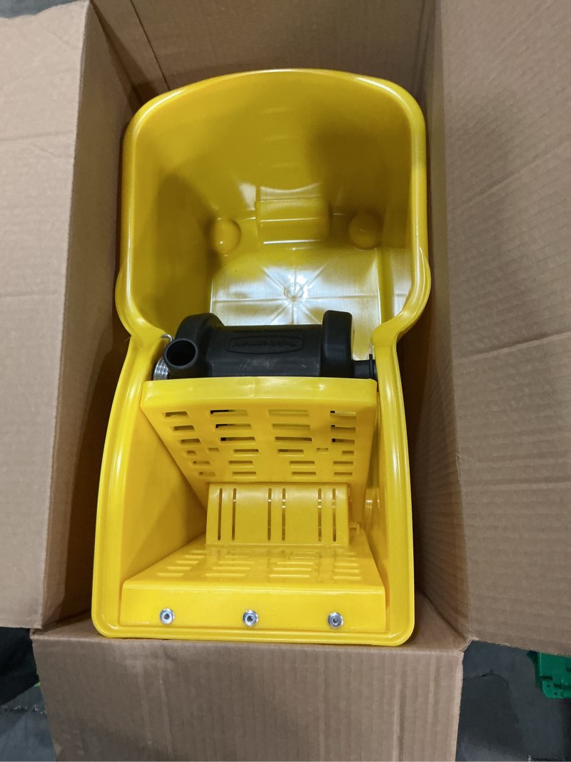 Condition photo showing As Is for rubbermaid commercial products 31 qt tandem mop bucket and wringer combo on wheels, yellow, for floor cleaning/wet mopping new model