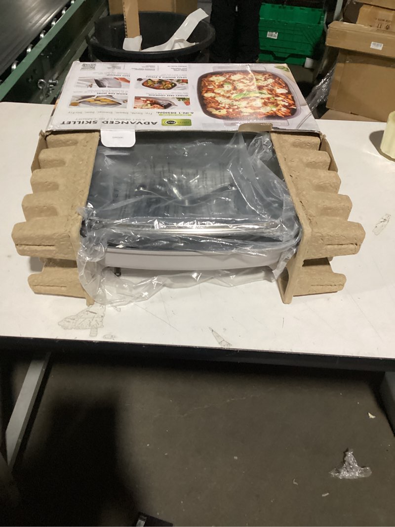 Condition photo showing As Is for GreenPan Advanced 12” X 15” Electric Skillet with Lid, 7QT Capacity for Family Meals, Healthy Ceramic Nonstick PFAS-Free Coating, Fry, Sauté, Steam, Simmer, Sear, Stir Fry, Dishwasher Safe, Clay 12" x 5" Electric Skillet Clay