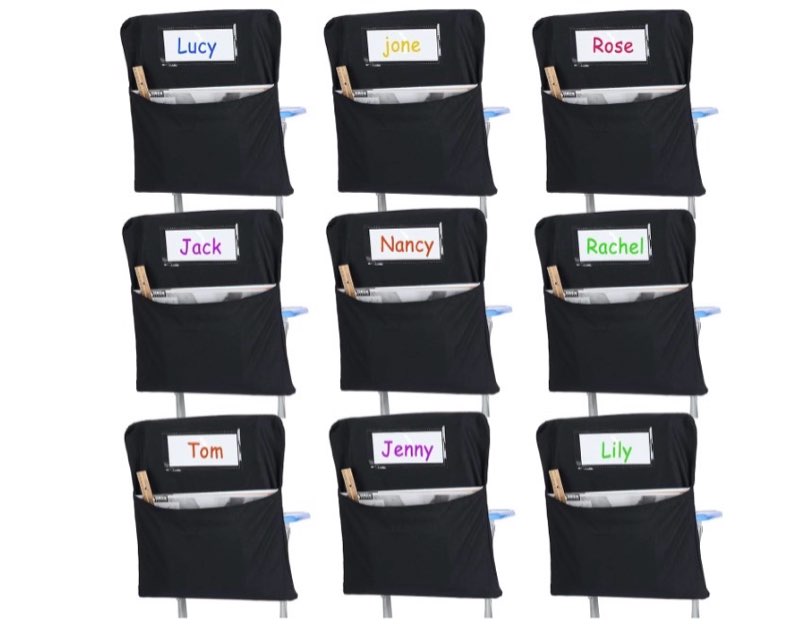 Boao 24 Pcs Chairback Pockets for Classroom with Name Tags, 16.3 x 15 Inch Seat Storage Organizers, Black 