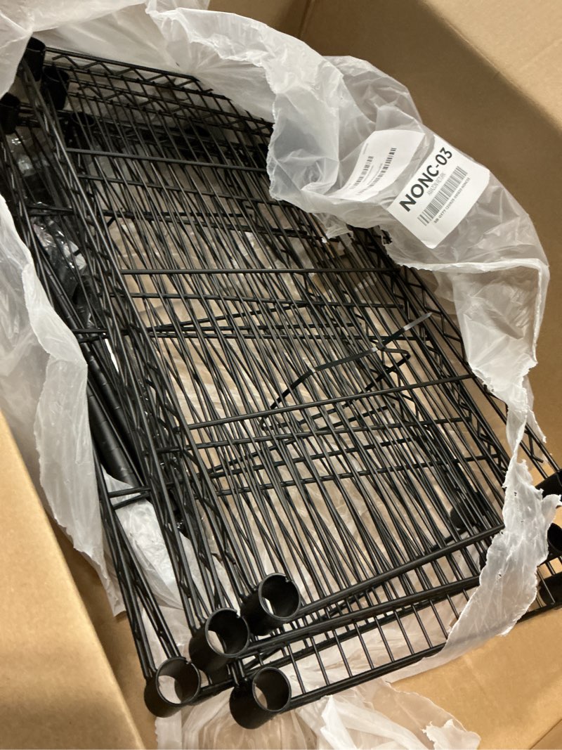 Condition photo showing As Is for 3 Tier Wire Shelving Unit Storage Rack, Metal Heavy Duty Utility Organizers, Organization Units for Metal Shelves, Pantry, Garage, Laundry Racks Durable Shelf Stand, 14\"W x 24\"L x 30\"H, Black 3 Tier - 14\"W x 24\"L Black (incomplete)