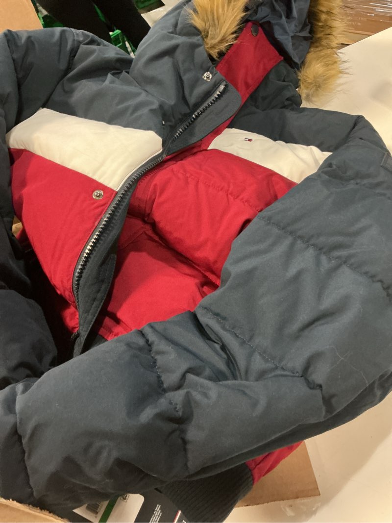 Condition photo showing Good Condition for Tommy Hilfiger Men's Arctic Cloth Quilted Snorkel Bomber Jacket (Standard and Big & Tall) Navy/White/Red Large