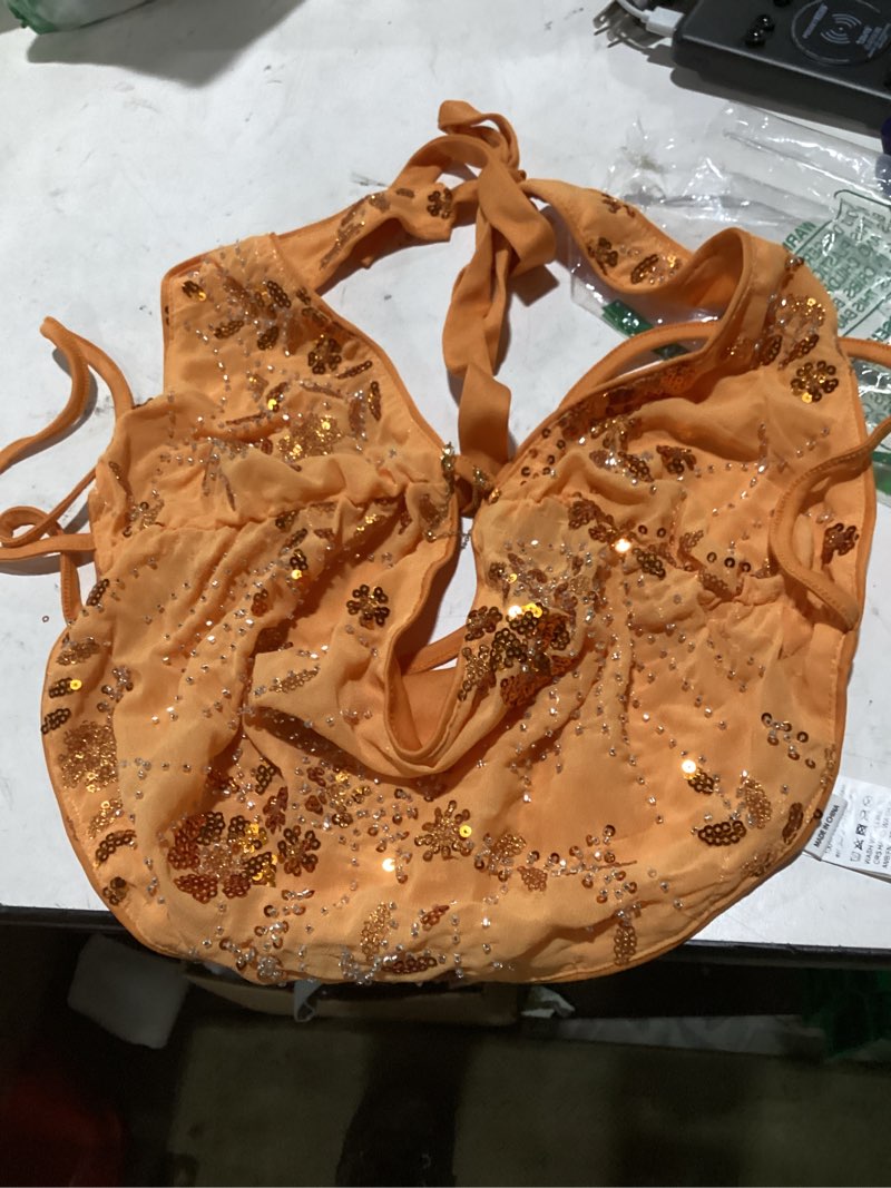Condition photo showing Good Condition for verdusa women's cheetah print sequin top y2k tie back corset halter going out crop tops x-small orange