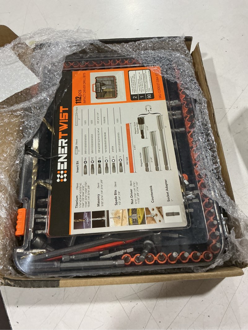 Condition photo showing Good Condition for enertwist drill bit set, 112-pieces 1/4" hex shank impact driver bits and screwdriver bits set assorted in tough case for wood metal cement drilling and screw driving, et-dba-112 112 112pcs