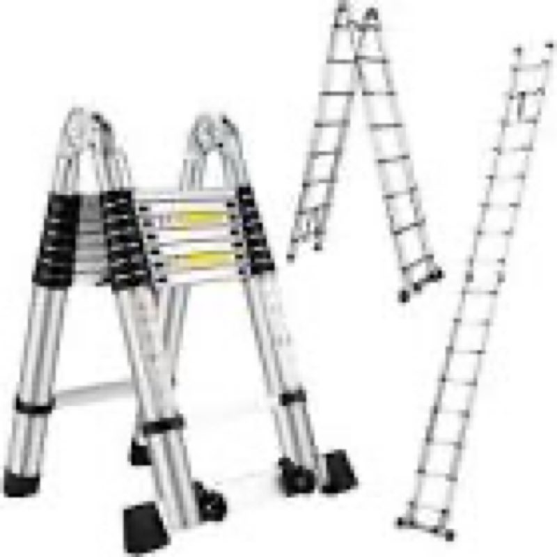 Wolec 14.5FT A Frame Telescoping Extension Ladder with Balance Bar & Wheels, Multi-Purpose Heavy Dut