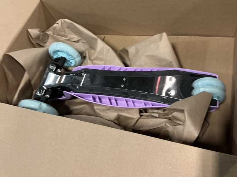 Condition photo showing As Is for (Incomplete). 3 Wheel Scooter for Kids Ages 6-12,Kids Scooter with Light Up Wheels, Sturdy Deck Design, and 4 Height Adjustable Suitable for Kid Ages 3-12 Purple