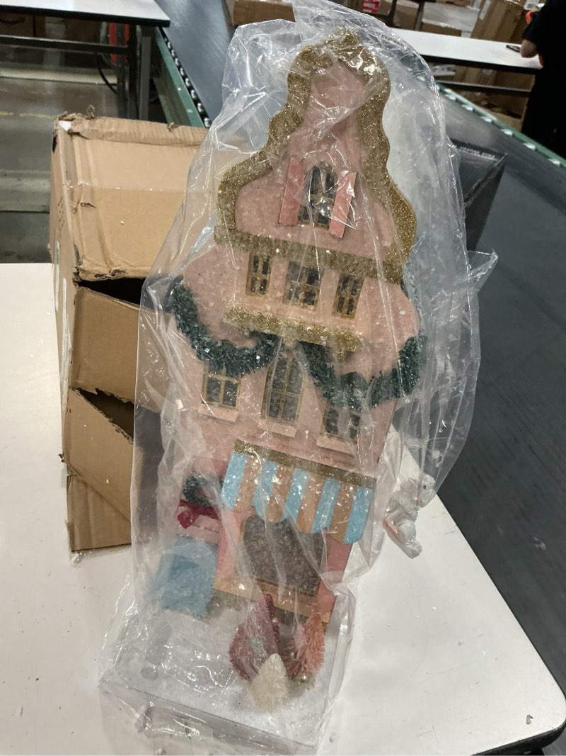 Condition photo showing As Is for Pale Pink Patisserie Bakery Shop with Poodle Christmas Village Store House, Multicolor