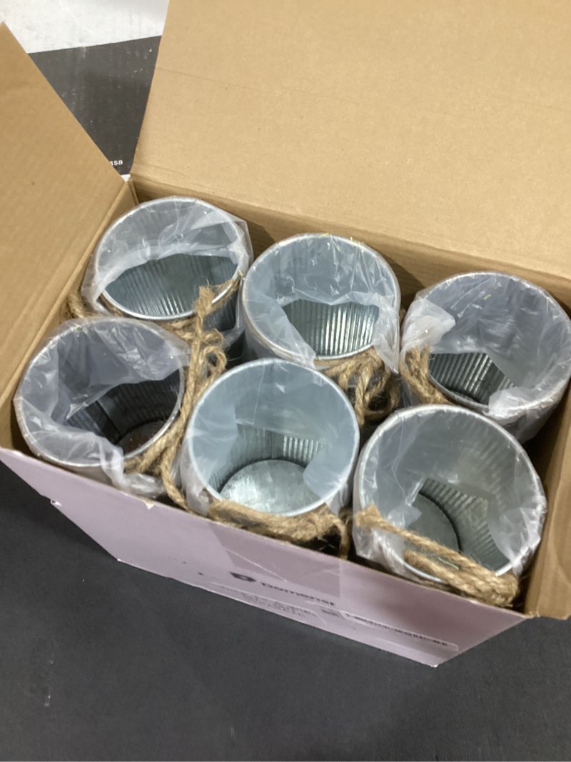 Condition photo showing As Is for Domensi 4.33 Inch Petite Farmhouse Vase Decor Vintage Flower Vase with Twine Bow Rustic Galvanized Metal Buckets for Artificial Flowers for Table Centerpiece Weddings(Iron Color,12 Pcs) Iron Color 12