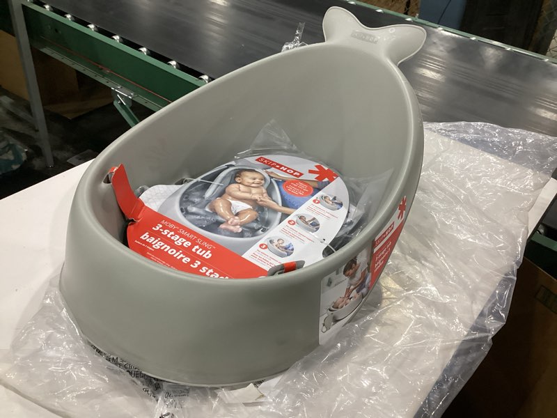 Condition photo showing Good Condition for skip hop infant bath tub 3-stage grow with baby smart sling moby bathtub grey age 0+ grey tub