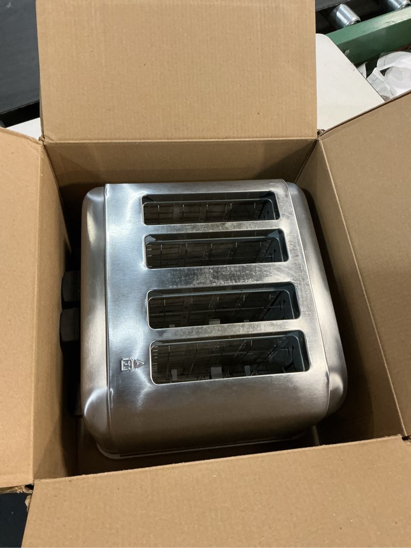 Condition photo showing As Is for Cuisinart 4 Slice Compact Stainless Steel Toaster with Extra-Wide Slots for Bread, French Toast, Bagels & Pastries, Defrost & Reheat Functions, CPT-180P1, Brushed Stainless, Removable Crumb Tray