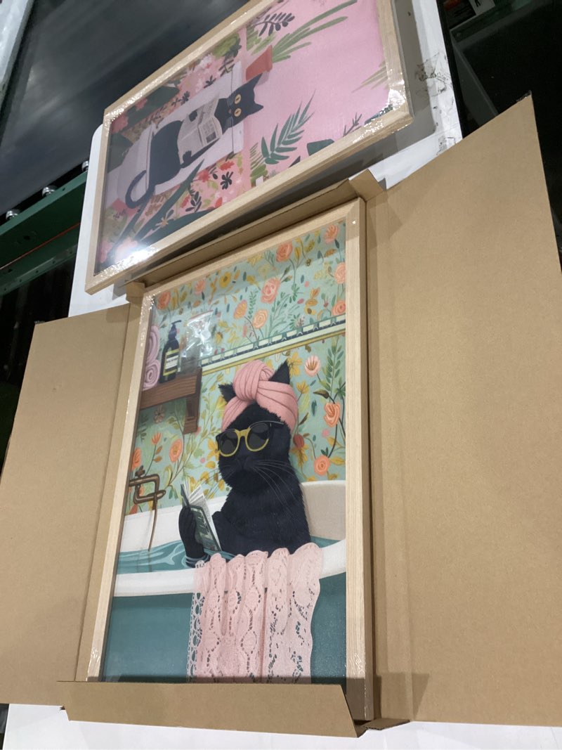 Condition photo showing New/Like New for HLXRAE Funny Bathroom Wall Art, Cute Black Cat Wall Decor, Cat Sitting on Toilet Eclectic Poster Prints, Funny Animal Bathroom Art Print, Humor Canvas Painting for Kid's Restroom Wood Framed 16"x24"x2 Pink-Black(Wood) 24"L x 16"W