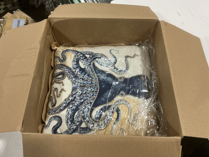 Condition photo showing Good Condition for saro lifestyle neptunian coastal throw pillow – 20” x 20”, woven cotton cover with jute trim, zipper closure, down & feather insert – octopus, navy blue
