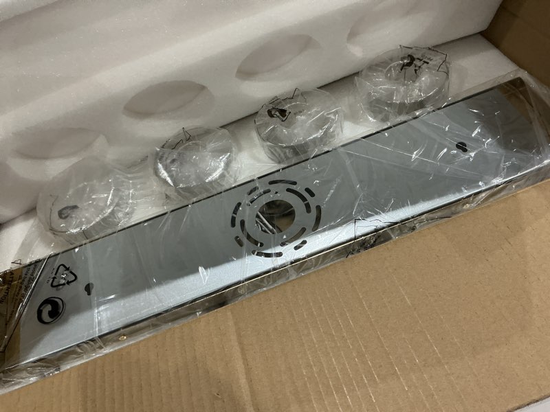 Condition photo showing New/Like New for 4-light bathroom light fixtures, brushed gold vanity light with cylinder clear glass shade, modern vanity lighting fixtures over mirror, vl143-bg-4 brushed gold, cylinder glass shade 4-light