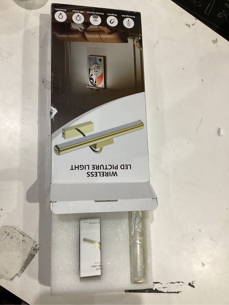 Condition photo showing As Is for Picture Light Battery Operated, Wireless Art Light for Paintings, Dimmable 5000mAh Recharging Battery Picture Light with Remote Control for Wall, Gallery Dartboard Art Bedroom (Gold-1Pack) Gold-13inch 1Pack