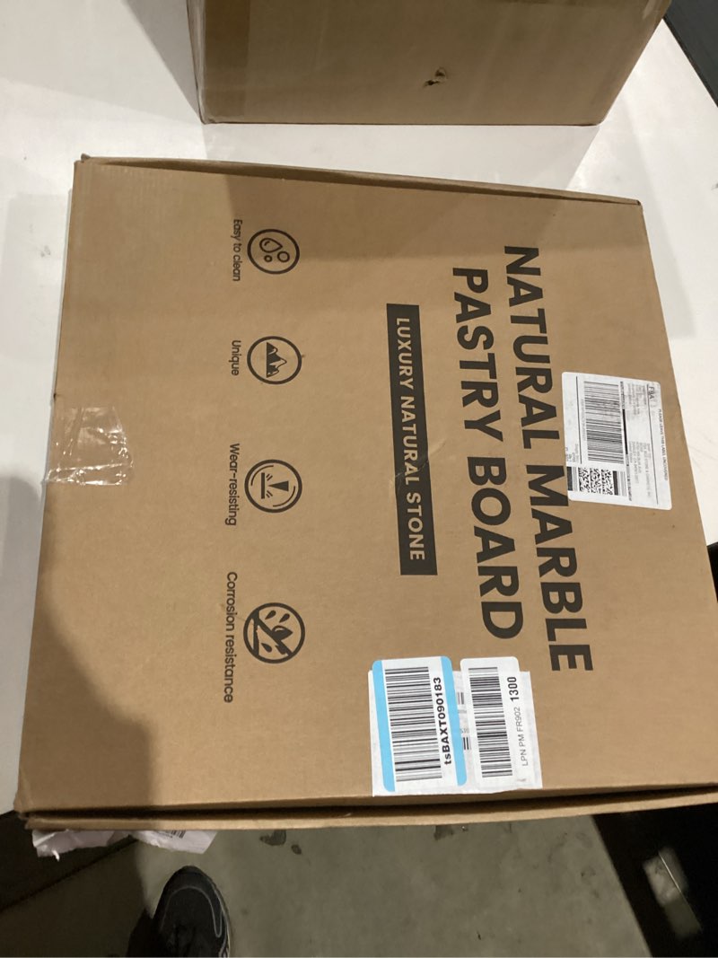 Condition photo showing As Is for Koville African Natural Marble Cutting Board for Kitchen, 11inch Round Hand Crafted Marble Slab for Cheese, Charcuterie, Pastry Board - Wedding Gift, House Warming Gift(Namib Fantasy) White Marble-Namib Fantay 11"L x 11"W