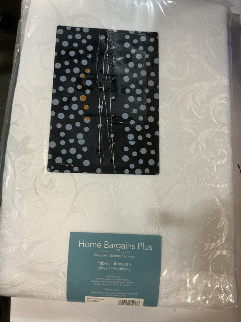 Condition photo showing New/Like New for newbridge portofino scalloped damask fabric tablecloth, 60 x 144 inch rectangle, gold, wrinkle and stain resistant fine dining holiday party table cover 144\" x 60\" (rectangular) oblong white
