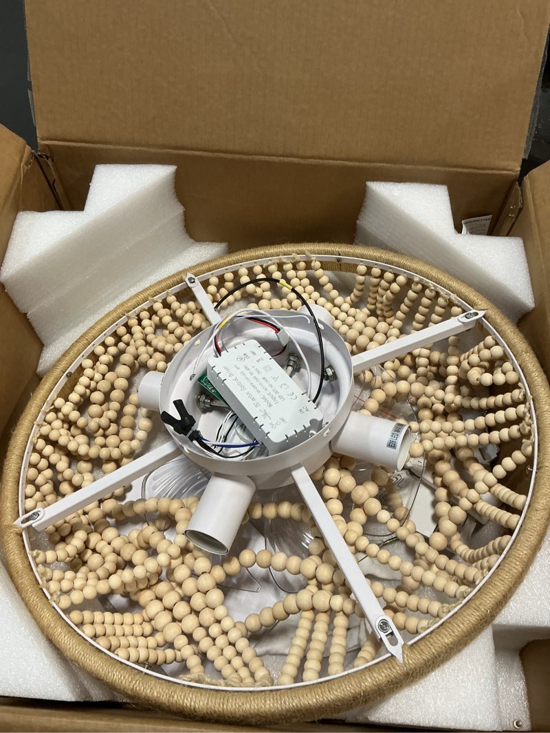 Condition photo showing As Is for 20" Boho Ceiling Fan with Light, Wood Beaded Flush Mount Ceiling Fans with 6 Speeds 3 Timing, Bohemian Caged Ceiling Fan for Living Room Kitchen Bedroom Nursery