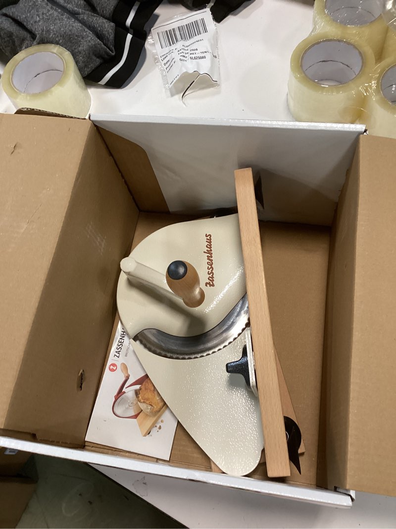 Condition photo showing New/Like New for Zassenhaus Original Classic Adjustable Bread Slicer for Uniform Slices - Bread Slicer for Homemade Bread - 18/8 Stainless Steel Blade Sourdough Cutter - Cream, 11.75" x 8" 11.75-Inch by 8-Inch Cream