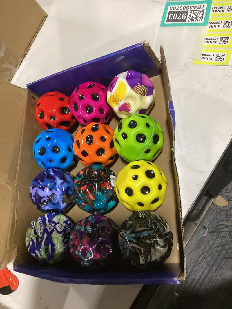 Condition photo showing As Is for 12 pack moon bouncy balls super high jumping extreme bouncing ball, super high bouncing ball, children's sensory ball, athlete training