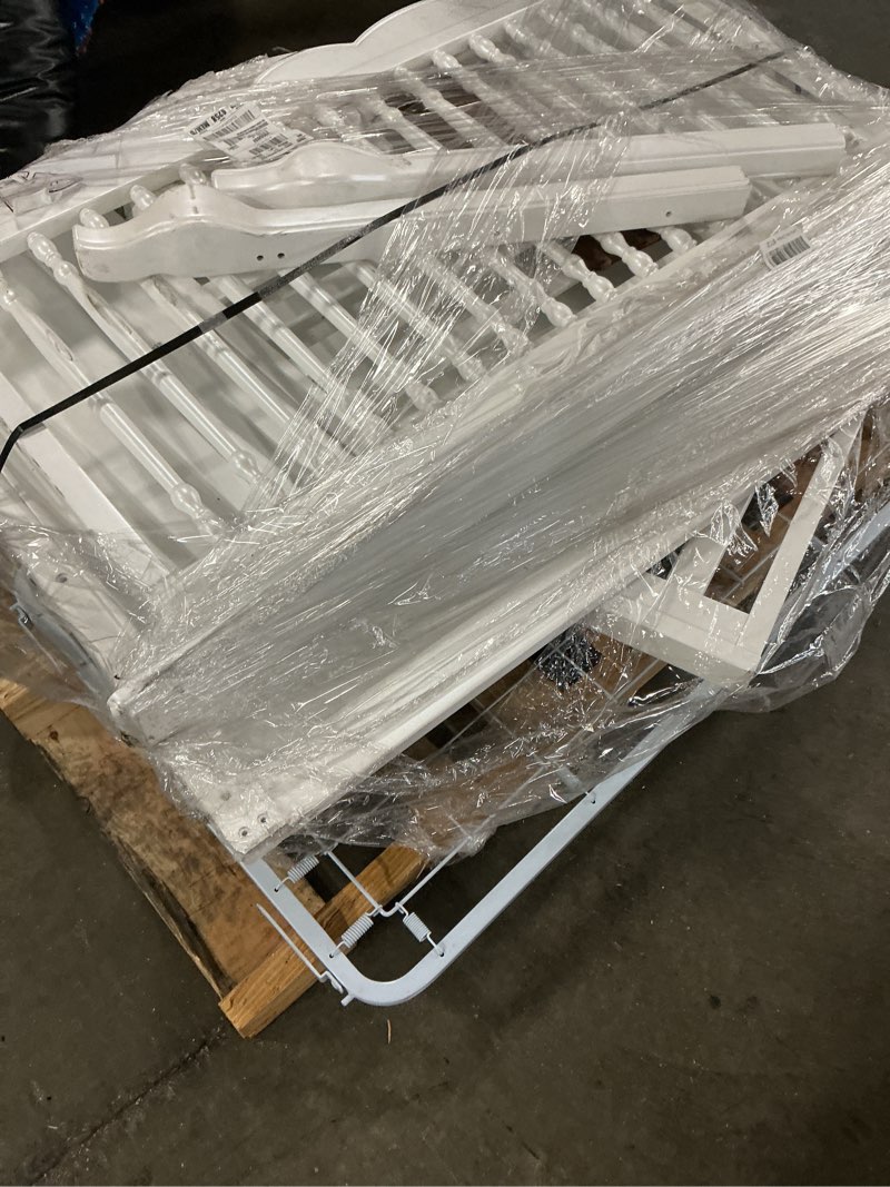 Condition photo showing As Is for evolur aurora 5-in-1 convertible full-size baby crib in frost, greenguard gold & bsa, 3 mattress heights, ribbon bow scrollwork & queen anne feet, converts to toddler, day & full-size bed