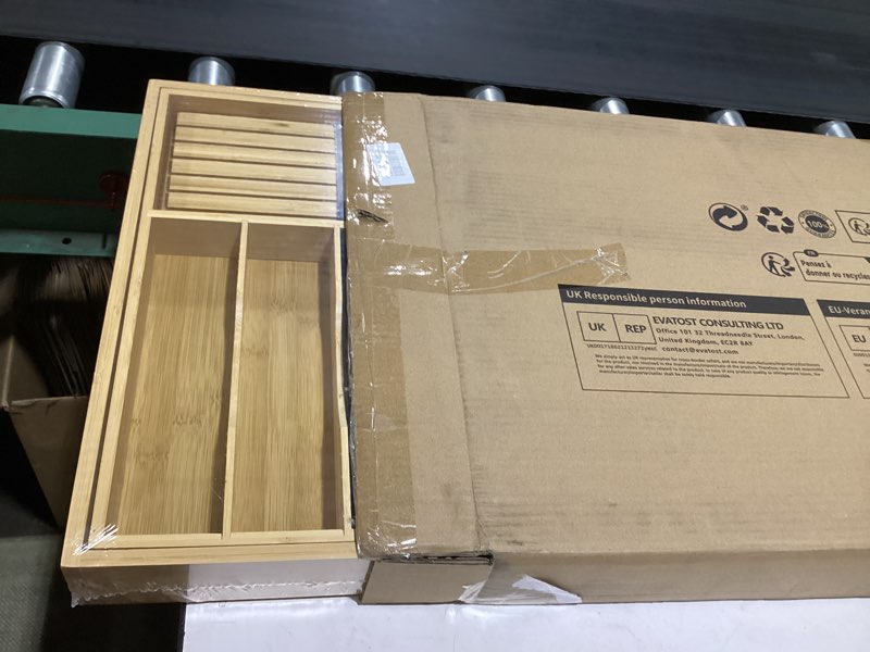 Condition photo showing New/Like New for vaefae extra large kitchen utensil holder, bamboo silverware drawer organizer, expandable cutlery organizer with knife block, multifunctional drawer divider (10-12 compartments) 20.6" to 35.04" wide