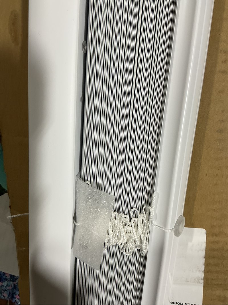 Condition photo showing As Is for cordless 1 inch vinyl mini blinds white