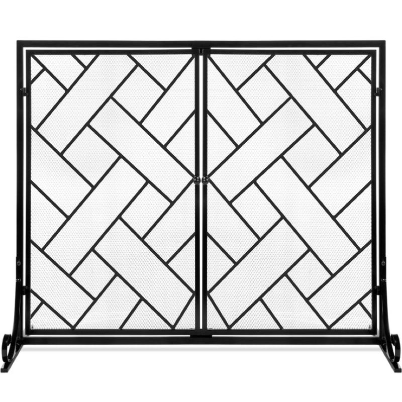  2-Panel Wrought Iron Geometric Fireplace Screen w/ Magnetic Doors - 44x33in
