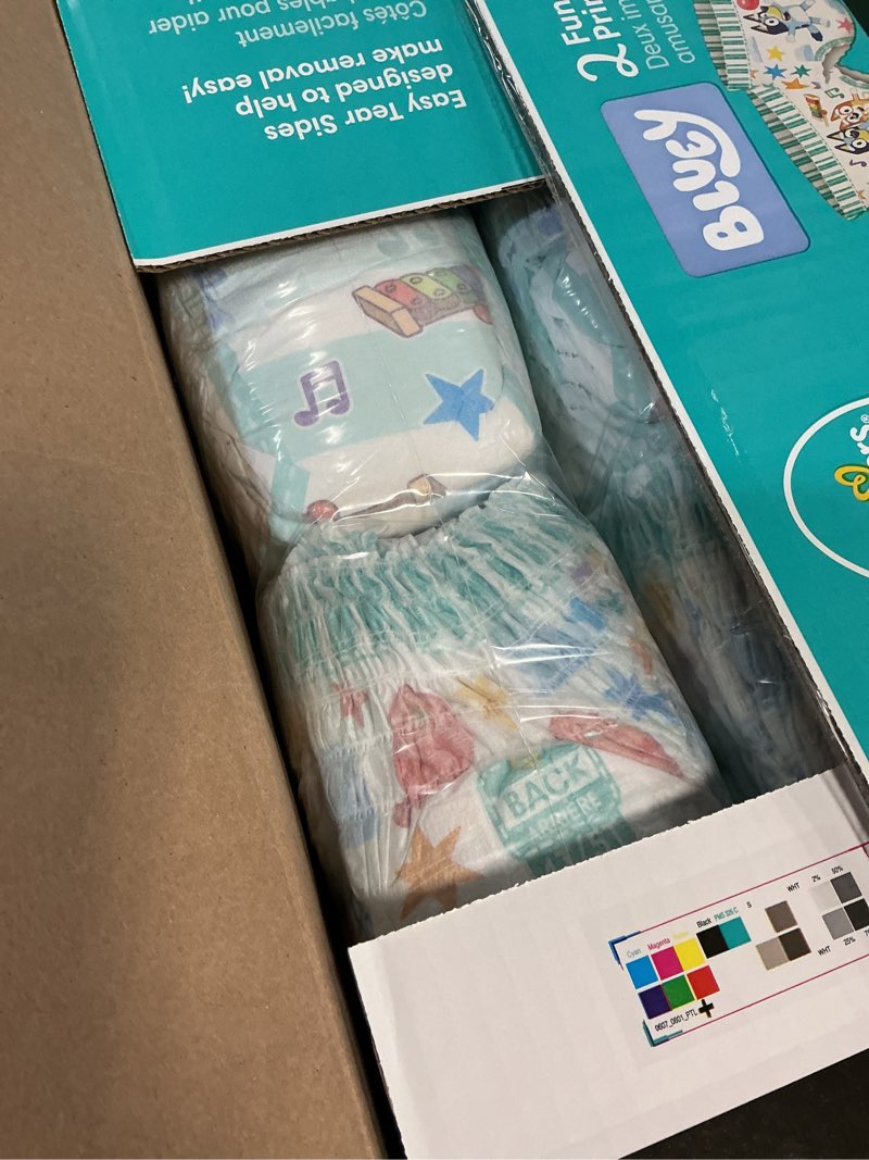 Condition photo showing New/Like New for Pampers Training Pants - Easy Ups Boys & Girls Bluey - Size 4T-5T, 100 Count, Children's Potty Underwear (Packaging May Vary) 4T-5T 100