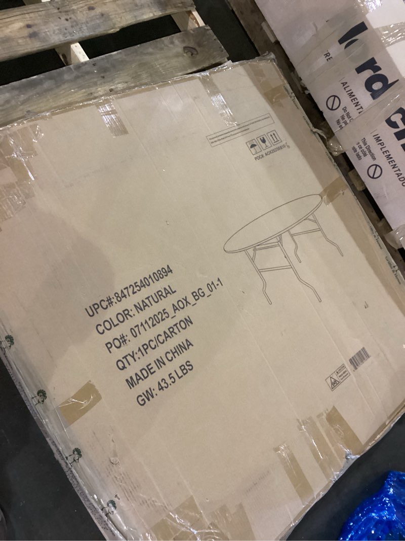 Condition photo showing As Is for Flash Furniture Furman 4-Foot Round Wood Folding Banquet Table with Clear Coated Finished Top