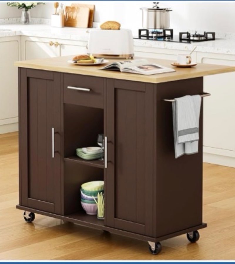 Shintenchi Kitchen Island with Storage, Bar Cart Cabinet Island Table on Wheels, Rolling Microwave C