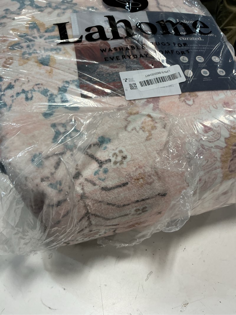 Condition photo showing Good Condition for Lahome Pink Boho Area Rug, 8x10 Washable Rugs for Bedroom Girls Living Room, Soft Blush Floral Non Slip Pastel Thin Floor Carpet for Classroom Playroom Home Decor 8' x 10' (Rectangular) Light Pink