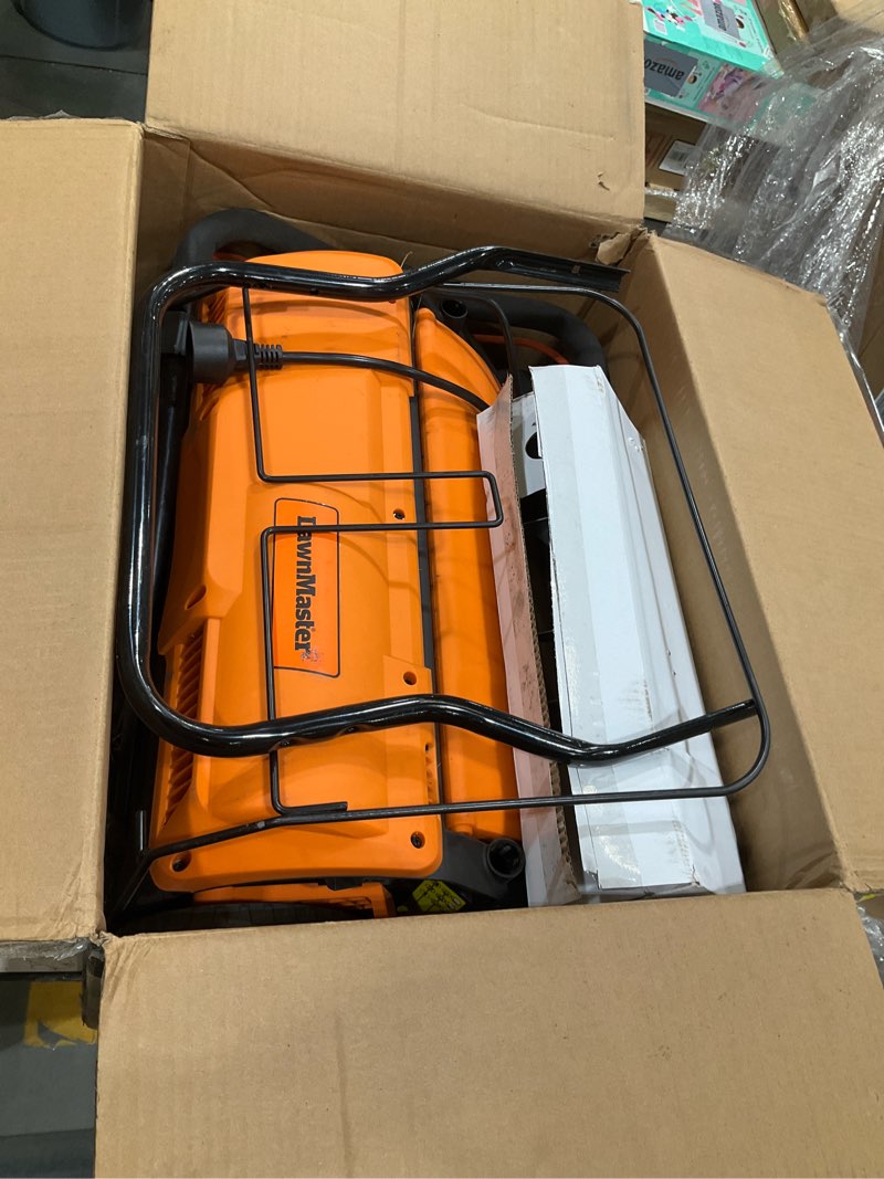 Condition photo showing As Is for lawnmaster gvb1316 electric 16” 13 amp dethatcher and scarifier with 12 gallon collection bag orange/black