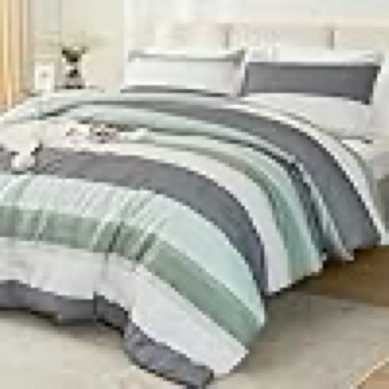 Litanika Queen Comforter Set Sage Green - 3 Pieces Lightweight Quilt Bedding Comforter Sets, Light Green White Colorblock Stripe Fluffy Bed Set, All Season Down Alternative