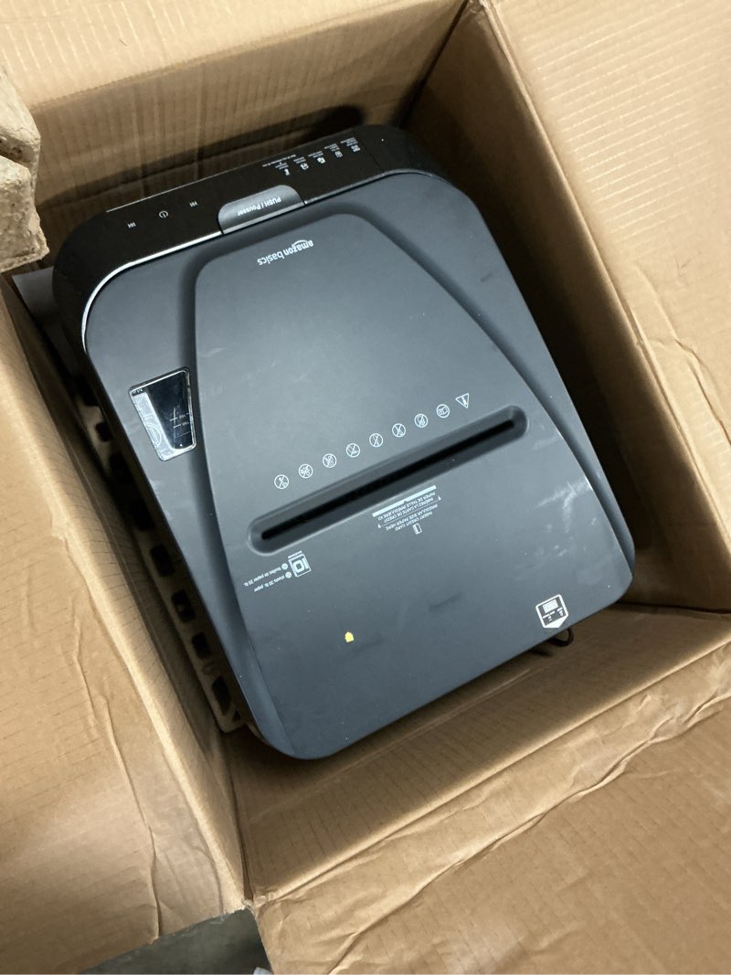 Condition photo showing As Is for amazon basics 150 sheet autofeed micro cut paper credit card shredder for security, black